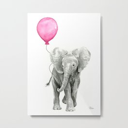 Baby Elephant with Pink Balloon Metal Print | Babyelephant, Painting, Elephant, Children, Pink, Illustration, Nursery, Girls, Animal, Elephantwatercolor 