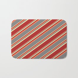 [ Thumbnail: Coral, Grey, Pale Goldenrod, and Red Colored Striped Pattern Bath Mat ]