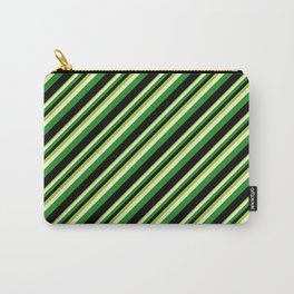 [ Thumbnail: Green, Light Yellow, Forest Green & Black Colored Stripes Pattern Carry-All Pouch ]