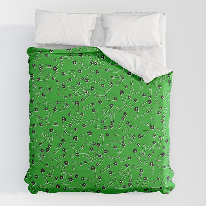 Green safety pins, punk rock Duvet Cover by Too Much Fun