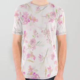 Blush Watercolor Sakura Spring Cherry Blossoms Pattern All Over Graphic Tee