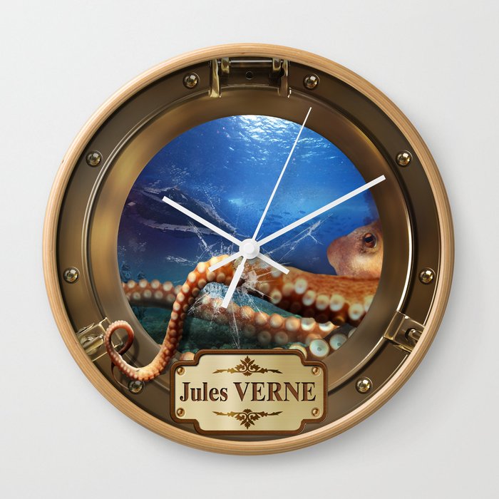Porthole adventure undersea with octopus Wall Clock