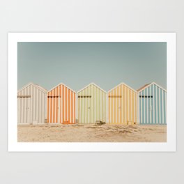 Pastel Candy Striped Beach Huts - summer beach photography by Ingrid Beddoes Art Print