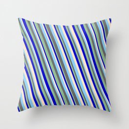 [ Thumbnail: Light Sky Blue, Dim Gray, Dark Sea Green, Blue & Bisque Colored Lined/Striped Pattern Throw Pillow ]