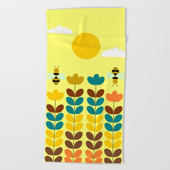 Flowers with bees Beach Towel