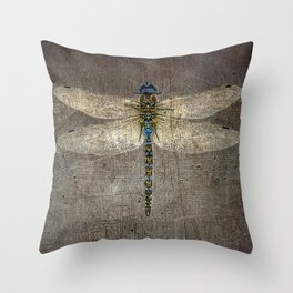 Dragonfly On Distressed Metallic Grey Background Throw Pillow