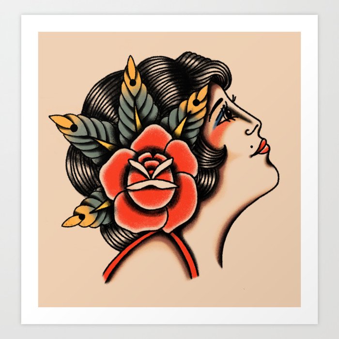 American traditional lady head Art Print by American traditional tattoo |  Society6