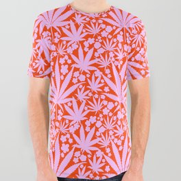 70’s Style Pastel Pink Cannabis And Flowers On Red All Over Graphic Tee