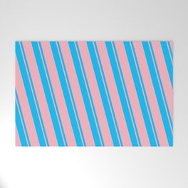 [ Thumbnail: Deep Sky Blue and Light Pink Colored Striped/Lined Pattern Welcome Mat ]