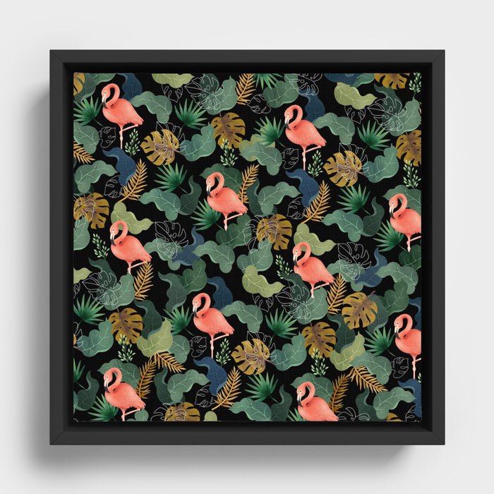 Tropical Themed Colorful Flamingo Pattern Framed Canvas