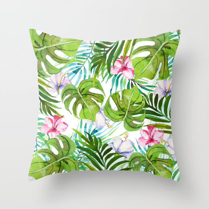 Modern tropical pink lilac green watercolor floral Throw Pillow