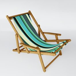 [ Thumbnail: Colorful Dark Slate Gray, Turquoise, Light Yellow, Sea Green, and Black Colored Lined Pattern Sling Chair ]