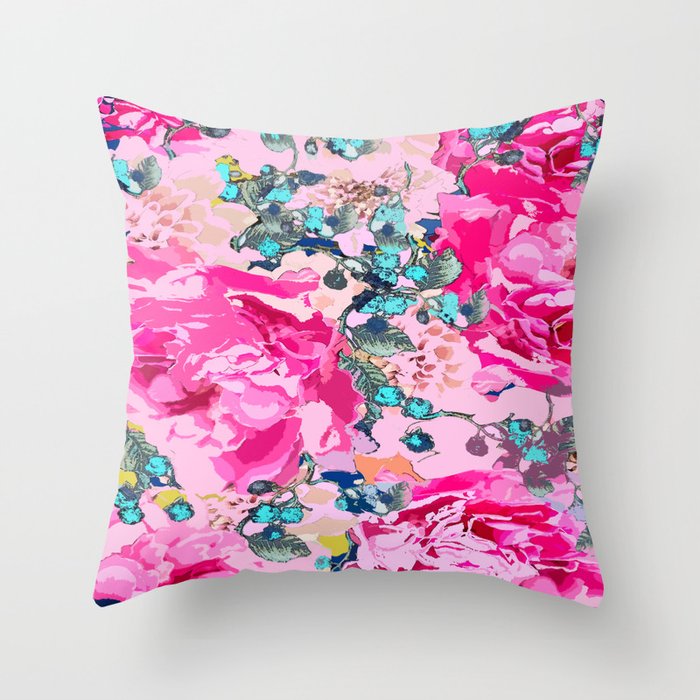Pink floral work with some turquoise and yellow details #decor #society6 #buyart Throw Pillow