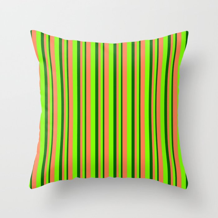Dark Green, Chartreuse & Coral Colored Lined/Striped Pattern Throw Pillow