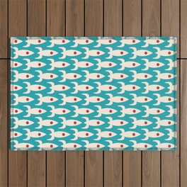 Retro Rockets - Midcentury Modern Atomic Age Rocket Pattern in Cream, Red, and Turquoise Outdoor Rug