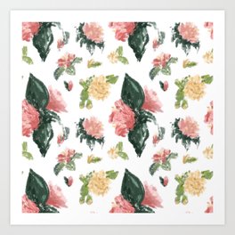 Pink and yellow flowers with leaves Art Print
