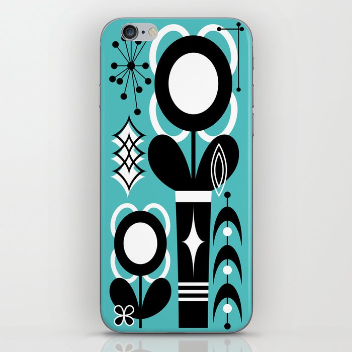 Retro MCM Scandinavian Flowers // Mid Century Modern Floral // Turquoise, Black and White iPhone Skin