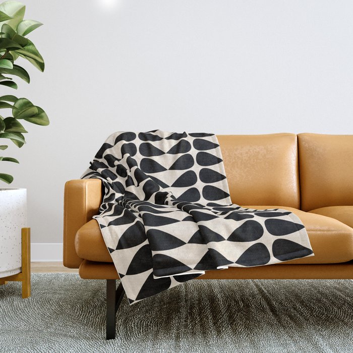 Mod Leaves Mid Century Modern Abstract Pattern in Black and Almond Cream Throw Blanket