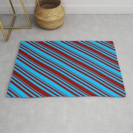 [ Thumbnail: Deep Sky Blue and Dark Red Colored Lined Pattern Rug ]