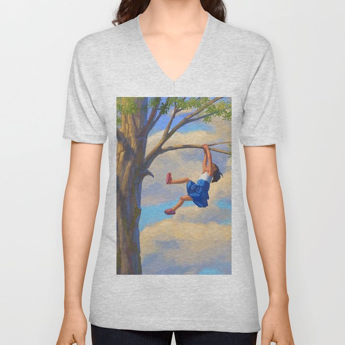 Tree Climbing Girl V Neck T Shirt