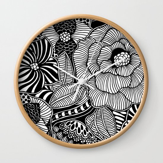 Blooms III Black and White Doodle Art Black Edition Wall Clock