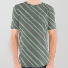 [ Thumbnail: Dim Gray and Dark Sea Green Colored Pattern of Stripes All Over Graphic Tee ]