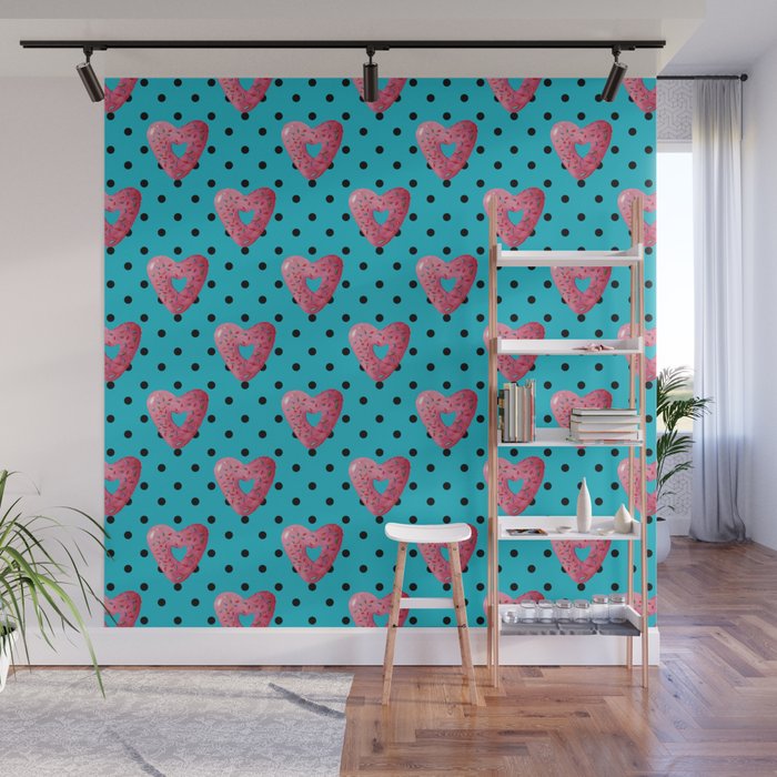 Pink plaid watercolor heart shaped donuts with polka dots on blue background Wall Mural