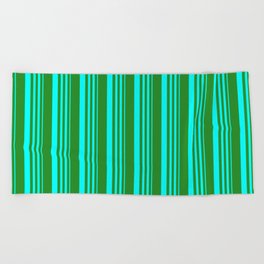 [ Thumbnail: Cyan and Forest Green Colored Stripes Pattern Beach Towel ]
