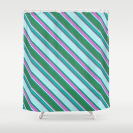 [ Thumbnail: Sea Green, Orchid, Turquoise & Light Sea Green Colored Lined Pattern Shower Curtain ]