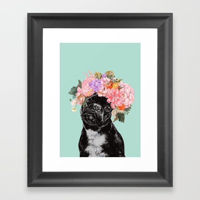 French Bulldog with Flowers Crown in Green Framed Art Print