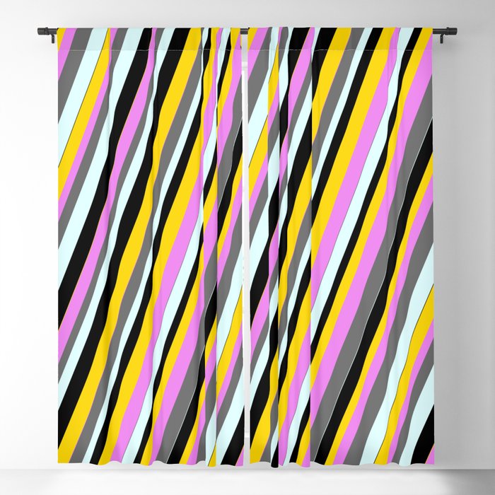 Eye-catching Violet, Dim Grey, Light Cyan, Black & Yellow Colored Lined Pattern Blackout Curtain