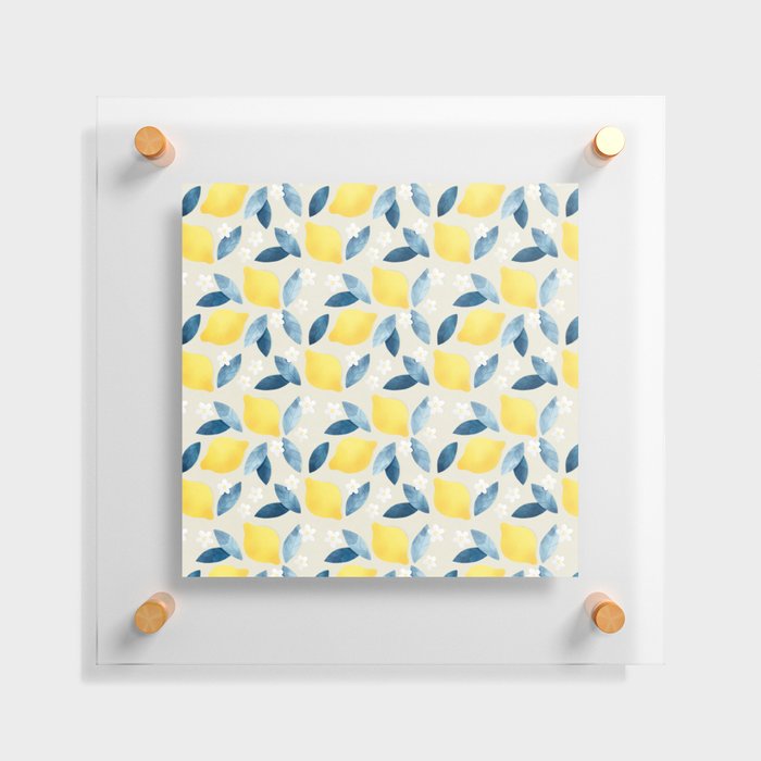 Lemons and Blue Leaves Pattern Floating Acrylic Print