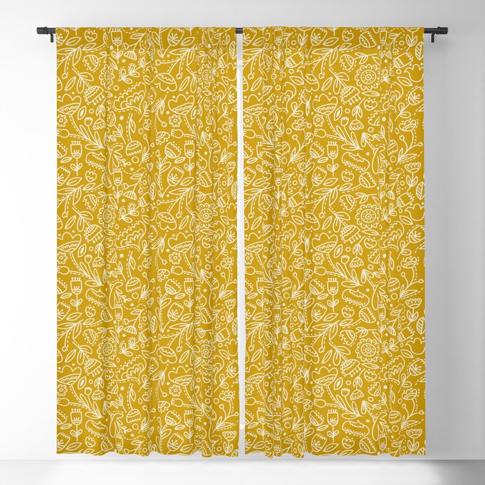 Floral Doodle - Gold Blackout Curtain