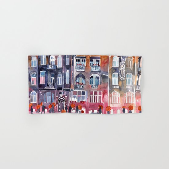 Apartment House in Poznan and orange umbrellas Hand & Bath Towel