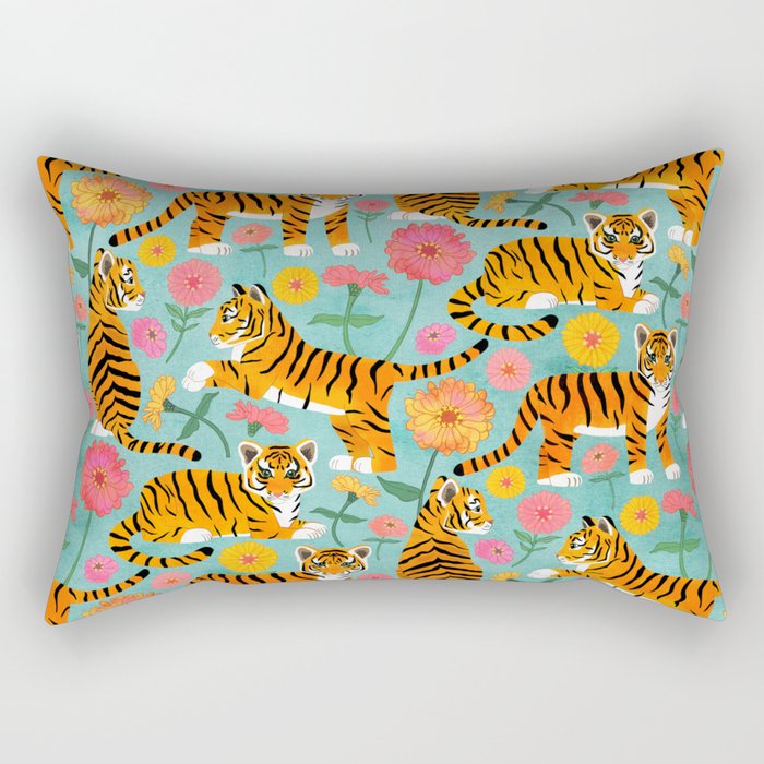 Tiger Cubs and Zinnias on Turquoise Rectangular Pillow