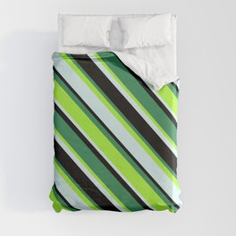 [ Thumbnail: Sea Green, Light Green, Light Cyan & Black Colored Stripes/Lines Pattern Duvet Cover ]