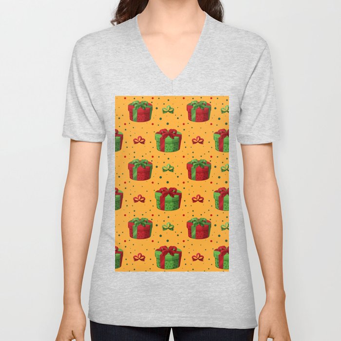 Christmas Pattern Yellow Green Gifts Bow V Neck T Shirt