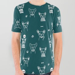 Teal Blue and White Hand Drawn Dog Puppy Pattern All Over Graphic Tee