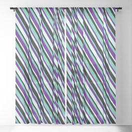 [ Thumbnail: Aquamarine, Indigo, Light Cyan & Black Colored Lined/Striped Pattern Sheer Curtain ]