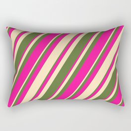[ Thumbnail: Dark Olive Green, Deep Pink, and Beige Colored Stripes/Lines Pattern Rectangular Pillow ]