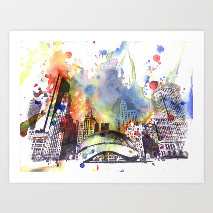 Chicago Bean Cityscape Watercolor Painting Art Print