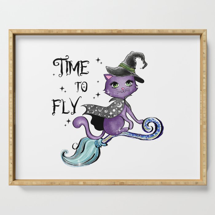 Time to fly halloween cat quote Serving Tray
