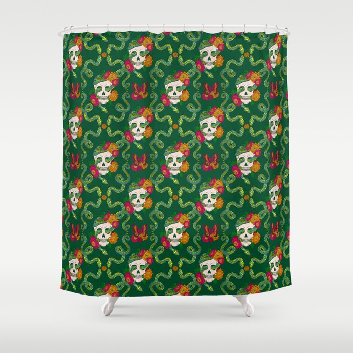 Floral Skull Snake - Deep Emerald Shower Curtain