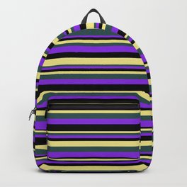 [ Thumbnail: Tan, Dark Slate Gray, Purple, and Black Colored Stripes/Lines Pattern Backpack ]