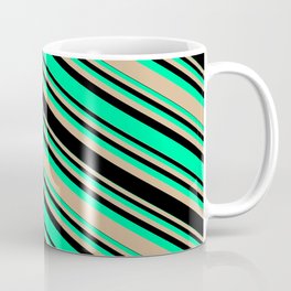 [ Thumbnail: Green, Tan, and Black Colored Striped/Lined Pattern Coffee Mug ]