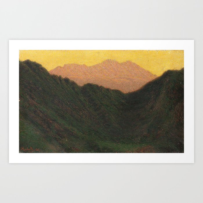 Golden Sunset Apennine Mountains Milan, Italy alpine landscape painting by Angelo Morbelli Art Print