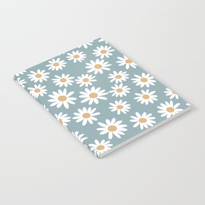 Daisies - daisy floral repeat, daisy flowers, 70s, retro, black, daisy florals dusty blue Notebook