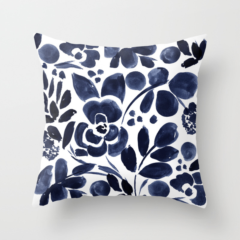 Navy Floral Throw Pillow by 