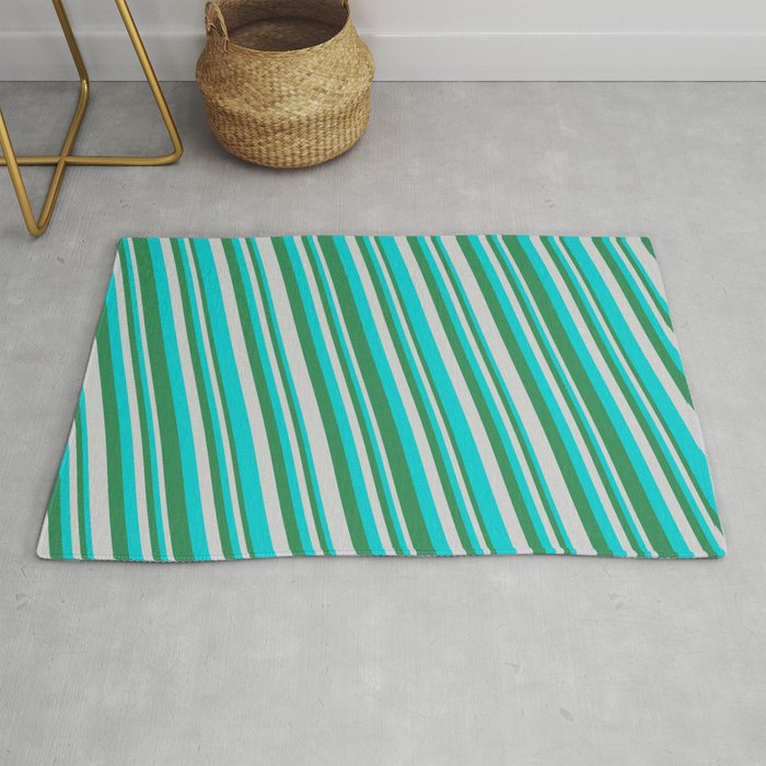 Sea Green, Light Gray & Dark Turquoise Colored Stripes/Lines Pattern Rug