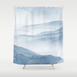Mountain Landscape Watercolor Blue by Zouzounio Art Shower Curtain